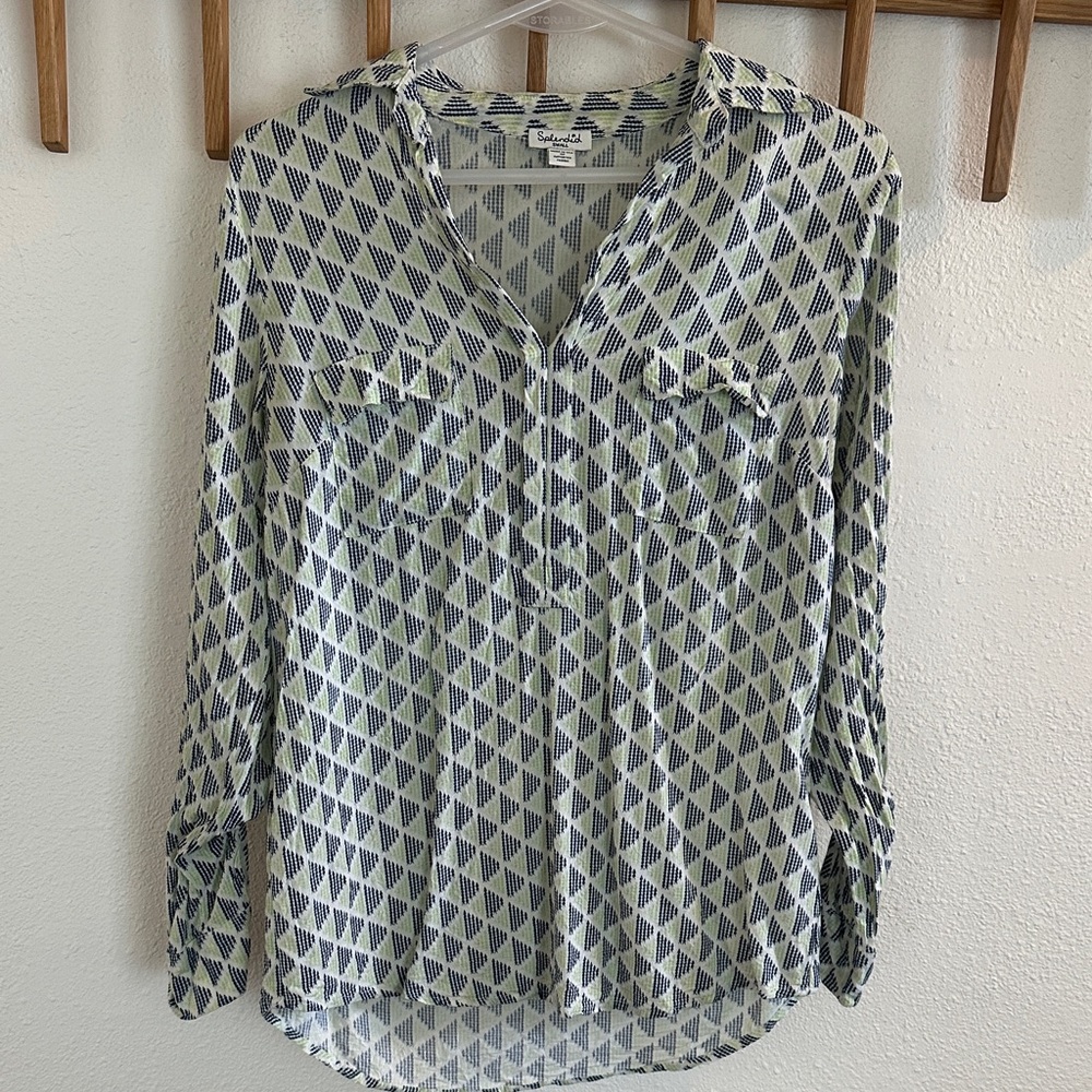 Splendid Blue Geometric Print Button-Front Women's Blouse